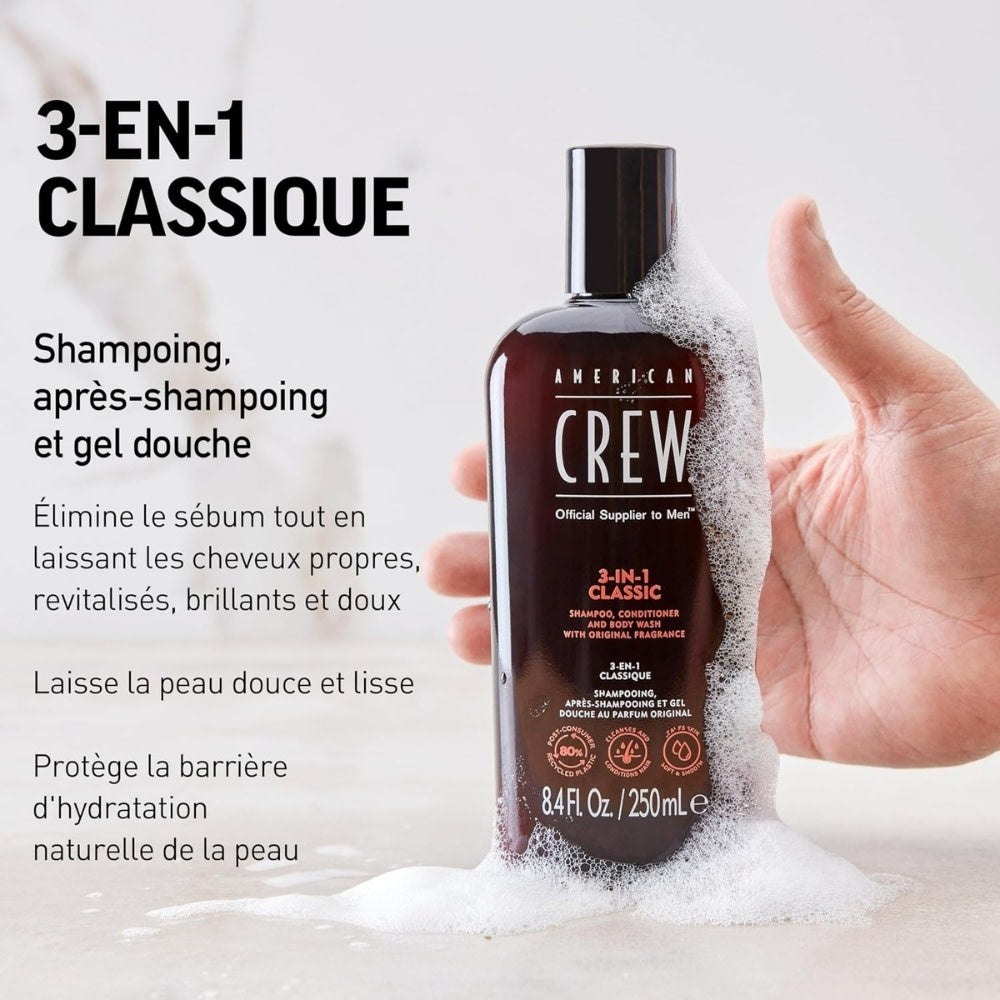 Shampoing, revitalisant et gel pour le corps 3 en 1