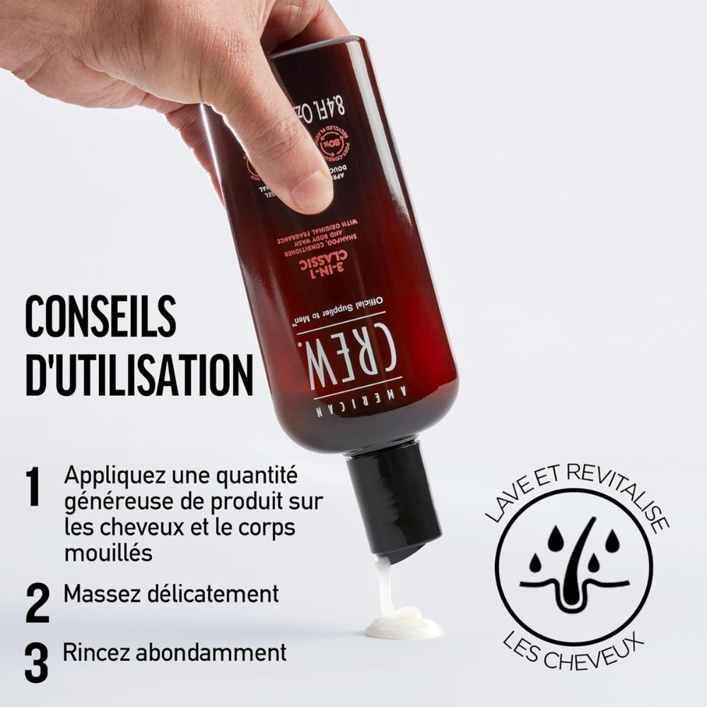Shampoing, revitalisant et gel pour le corps 3 en 1