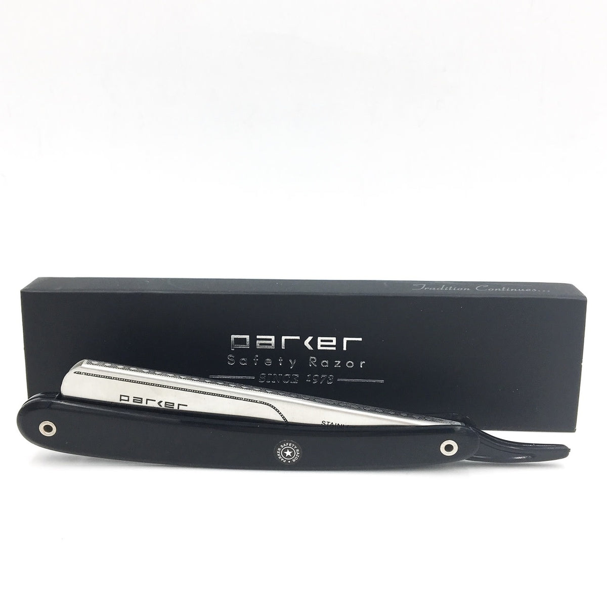 PTB Straight blade barber razor with push type blade - Black resin