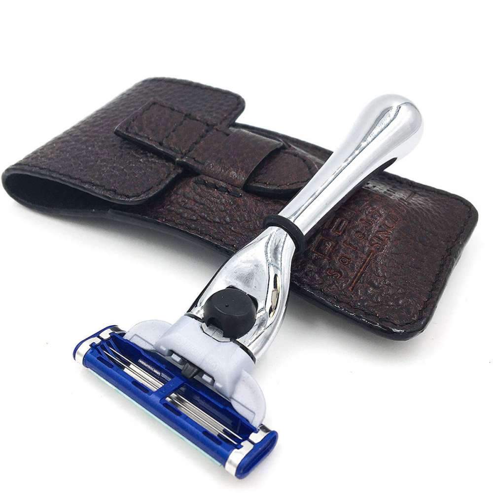 Rasoir de voyage avec étui en cuir TRAVM3 compatible avec lame Gillette Mach 3