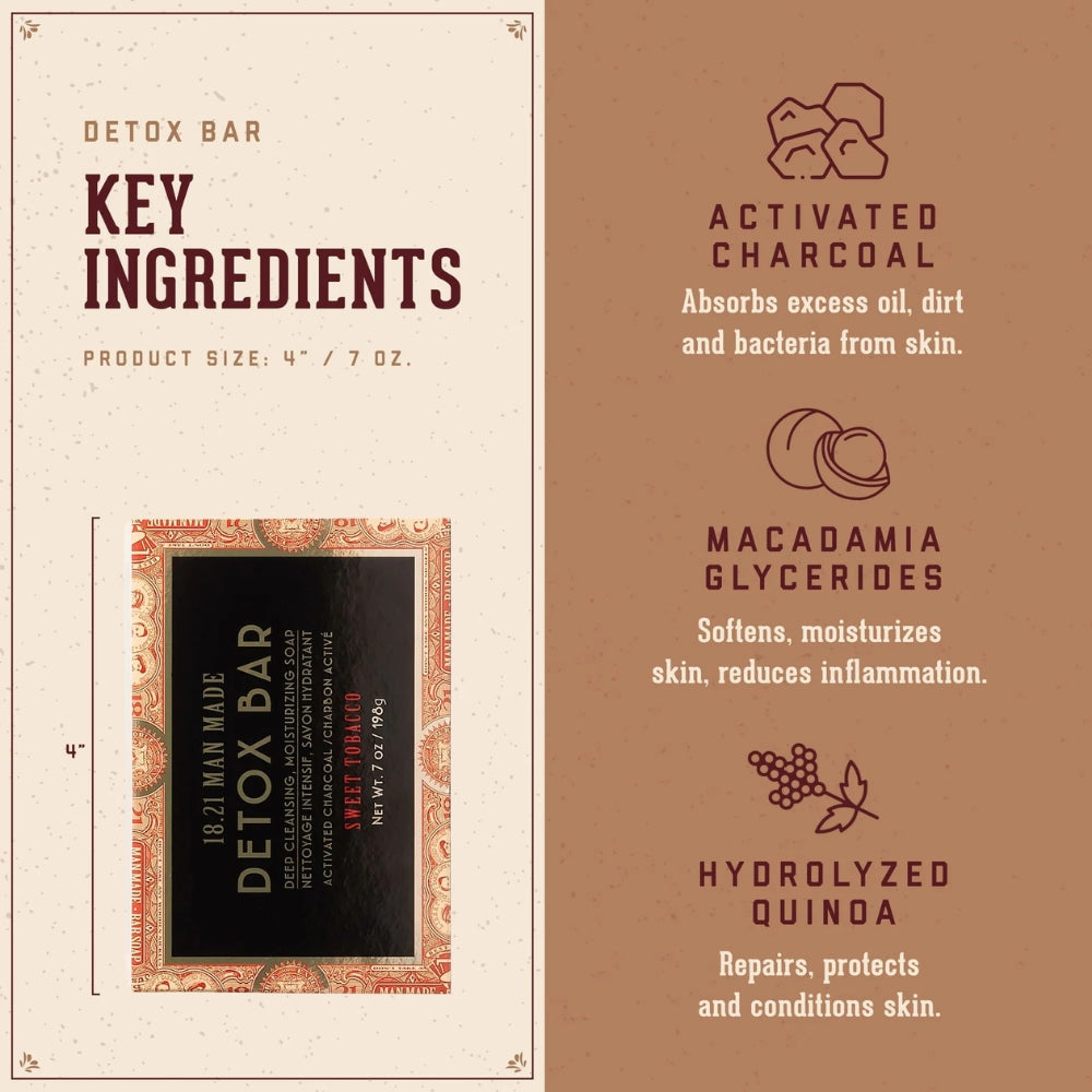 18.21 Man Made - Savon en bar "Sweet Tobacco Detox Bar Activated Charcoal" nettoyant intensif, savon hydratant (198g/7.0oz)