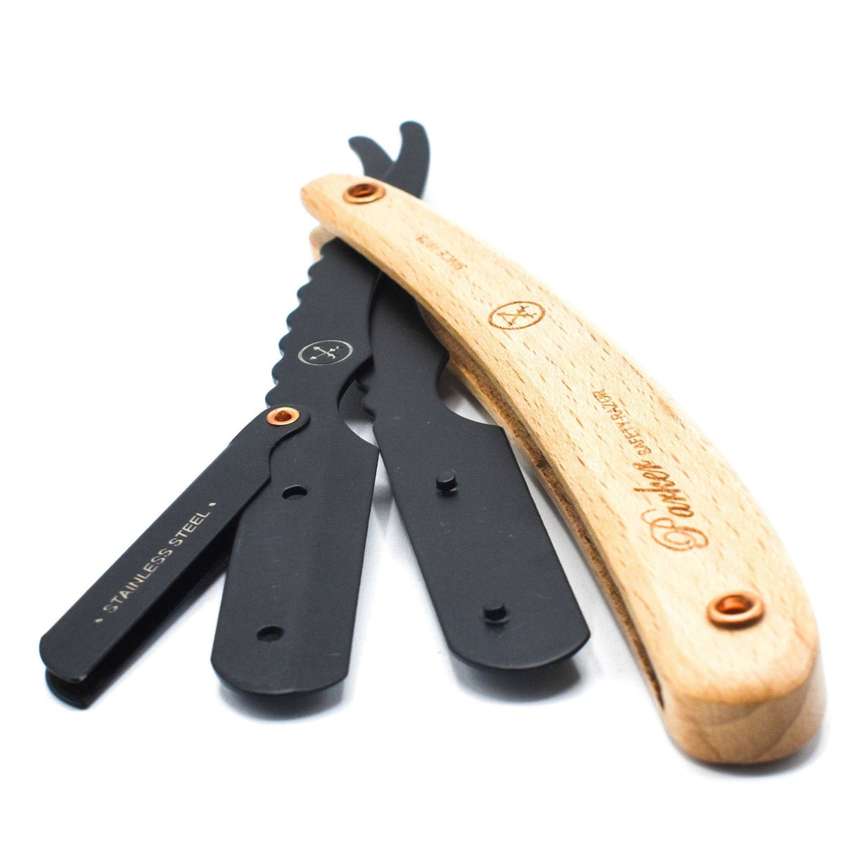 SRP Straight blade barber razor with clip system - Pin Wood
