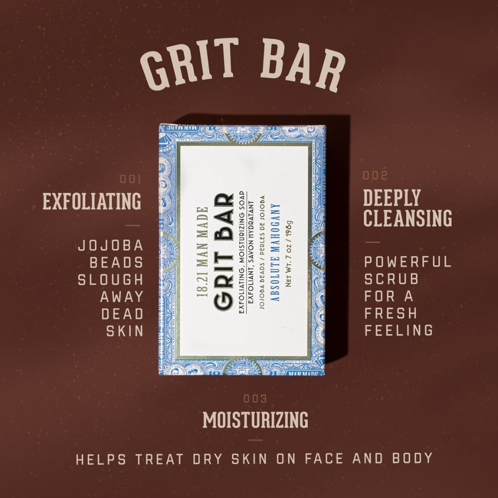 18.21 Man Made - Savon en bar "Absolute Mahogany Grit Bar Perles de Jojoba" savon exfoliant et hydratant (198g/7.0oz)